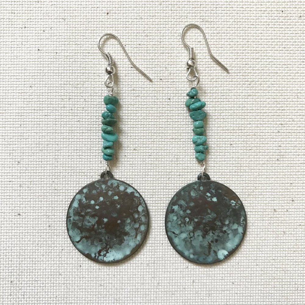Patina Disc Earrings with Blue Turquoise Hippie Festival Bohemian